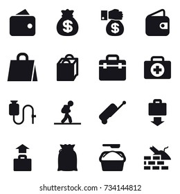 16 vector icon set : wallet, money bag, money gift, shopping bag, tourist, suitcase, baggage get, baggage, washing powder, construct garbage