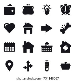 16 vector icon set : wallet, purse, bulb, alarm clock, heart, home, right arrow, university, smart house, pan