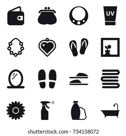 16 vector icon set : wallet, purse, necklace, uv cream, hawaiian wreath, heart pendant, flip-flops, flower in window, mirror, slippers, towels, flower, sprayer, shampoo, bath
