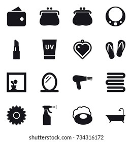 16 vector icon set : wallet, purse, necklace, lipstick, uv cream, heart pendant, flip-flops, flower in window, mirror, hair dryer, towels, flower, sprayer, soap, bath