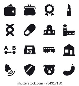 16 vector icon set : wallet, purse, medal, lipstick, mansion, church, bus, home, bell, pig, eggplant