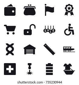 16 vector icon set : wallet, purse, flag, medal, cart, unlock, sale, garage, ruler, train, first aid, handle washing