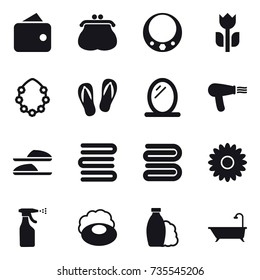 16 vector icon set : wallet, purse, necklace, hawaiian wreath, flip-flops, mirror, hair dryer, slippers, towels, towel, flower, sprayer, soap, shampoo, bath