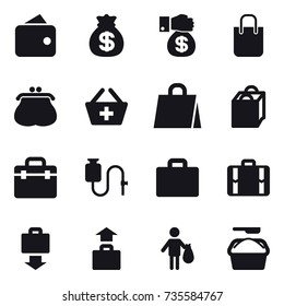 16 vector icon set : wallet, money bag, money gift, shopping bag, purse, add to basket, suitcase iocn, suitcase, baggage get, baggage, trash, washing powder