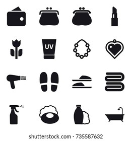 16 vector icon set : wallet, purse, lipstick, uv cream, hawaiian wreath, heart pendant, hair dryer, slippers, towel, sprayer, soap, shampoo, bath