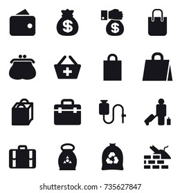 16 vector icon set : wallet, money bag, money gift, shopping bag, purse, add to basket, passenger, suitcase, fertilizer, garbage bag, construct garbage