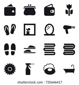 16 vector icon set : wallet, purse, flip-flops, flower in window, mirror, hair dryer, slippers, towels, towel, flower, sprayer, soap, bath