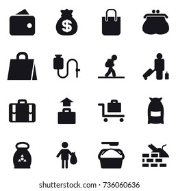 16 vector icon set : wallet, money bag, shopping bag, purse, tourist, passenger, suitcase, baggage, baggage trolley, flour, fertilizer, trash, washing powder, construct garbage