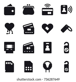 16 vector icon set : wallet, purse, tap to pay, pass card, cardio chip, credit card, atm, identity card, do not distrub, sheep