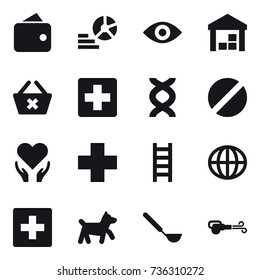 16 Vector Icon Set : Wallet, Diagram, Eye, Warehouse, Delete Cart, Stairs, Globe, First Aid, Dog, Ladle, Blower