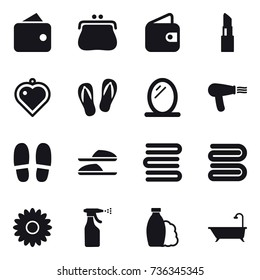 16 vector icon set : wallet, purse, lipstick, heart pendant, flip-flops, mirror, hair dryer, slippers, towels, towel, flower, sprayer, shampoo, bath