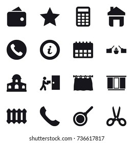 16 vector icon set : wallet, star, calculator, home, phone, info, drawbridge, mansion, curtain, wardrobe, radiator, pan, scissors
