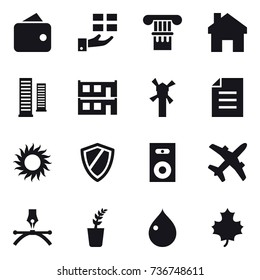 16 vector icon set : wallet, gift, column, home, skyscrapers, modular house, windmill, sun, shield, speaker, seedling, drop, maple leaf