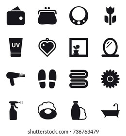 16 vector icon set : wallet, purse, necklace, uv cream, heart pendant, flower in window, mirror, hair dryer, slippers, towel, flower, sprayer, soap, shampoo, bath