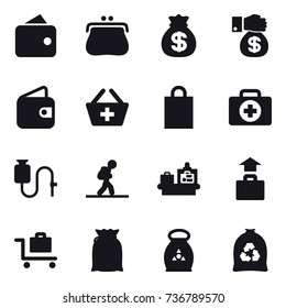 16 vector icon set : wallet, purse, money bag, money gift, add to basket, shopping bag, tourist, baggage checking, baggage, baggage trolley, fertilizer, garbage bag