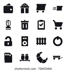 16 vector icon set : wallet, gift, delivery, crystall  memory, bin, cart, unlocked, speaker, radiator, trailer