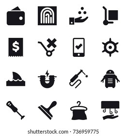 16 vector icon set : wallet, fingerprint, chamical industry, cargo stoller, mobile checking, handwheel, shark flipper, scraper, hanger, hand dryer