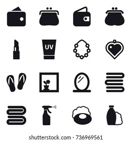 16 vector icon set : wallet, purse, lipstick, uv cream, hawaiian wreath, heart pendant, flip-flops, flower in window, mirror, towels, towel, sprayer, soap, shampoo