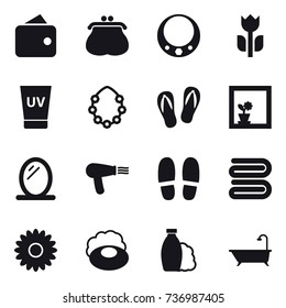 16 vector icon set : wallet, purse, necklace, uv cream, hawaiian wreath, flip-flops, flower in window, mirror, hair dryer, slippers, towel, flower, soap, shampoo, bath