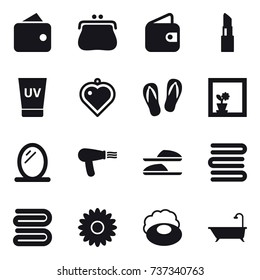 16 vector icon set : wallet, purse, lipstick, uv cream, heart pendant, flip-flops, flower in window, mirror, hair dryer, slippers, towels, towel, flower, soap, bath