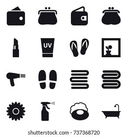 16 vector icon set : wallet, purse, lipstick, uv cream, flip-flops, flower in window, hair dryer, slippers, towels, towel, flower, sprayer, soap, bath