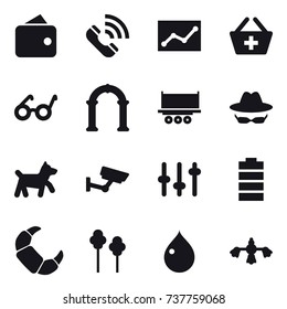16 vector icon set : wallet, call, statistic, add to basket, arch, dog, surveillance, trees, drop, hard reach place cleaning
