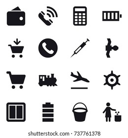 16 vector icon set : wallet, call, calculator, battery, add to cart, phone, train, arrival, handwheel, power switch, bucket, garbage bin