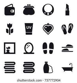 16 vector icon set : wallet, purse, necklace, lipstick, uv cream, heart pendant, flip-flops, flower in window, mirror, slippers, towels, towel, shampoo, bath