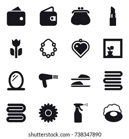 16 vector icon set : wallet, purse, lipstick, hawaiian wreath, heart pendant, flower in window, mirror, hair dryer, slippers, towels, towel, flower, sprayer, soap