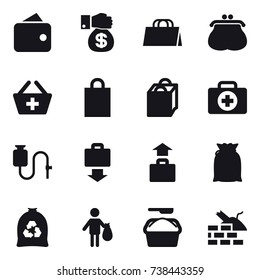 16 vector icon set : wallet, money gift, shopping bag, purse, add to basket, baggage get, baggage, garbage bag, trash, washing powder, construct garbage