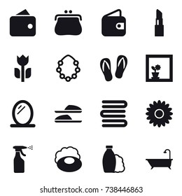 16 vector icon set : wallet, purse, lipstick, hawaiian wreath, flip-flops, flower in window, mirror, slippers, towels, flower, sprayer, soap, shampoo, bath