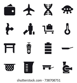 16 vector icon set : wallet, plane, dna, ufo, passenger, baggage trolley, thermometer, stool, pan, colander, measuring cup, trailer, water pump