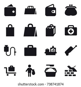 16 vector icon set : wallet, shopping bag, purse, suitcase iocn, baggage checking, suitcase, baggage trolley, trash, washing powder, construct garbage