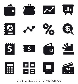 16 vector icon set : wallet, purse, statistic, presentation, annual report, graph, percent, dollar arrow, receipt, cashbox, calculator, atm, credit card