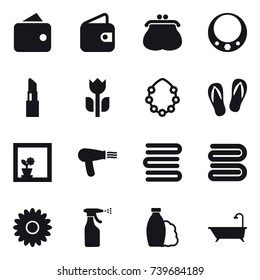 16 vector icon set : wallet, purse, necklace, lipstick, hawaiian wreath, flip-flops, flower in window, hair dryer, towels, towel, flower, sprayer, shampoo, bath