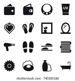 16 vector icon set : wallet, necklace, uv cream, heart pendant, flip-flops, flower in window, mirror, hair dryer, slippers, towels, flower, soap, shampoo, bath