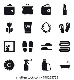 16 vector icon set : wallet, purse, lipstick, uv cream, hawaiian wreath, flip-flops, flower in window, slippers, towel, flower, sprayer, shampoo, bath