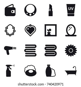 16 vector icon set : wallet, necklace, lipstick, uv cream, hawaiian wreath, heart pendant, flower in window, mirror, hair dryer, towels, towel, flower, sprayer, soap, shampoo, bath