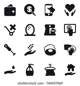 16 vector icon set : wallet, dollar arrow, touch, mirror, coffee maker, harvest, soap, wiping, hand and drop, liquid soap, hanger, housing