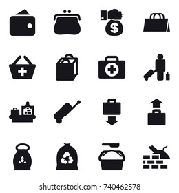 16 vector icon set : wallet, purse, money gift, shopping bag, add to basket, passenger, baggage checking, suitcase, baggage get, baggage, fertilizer, garbage bag, washing powder, construct garbage