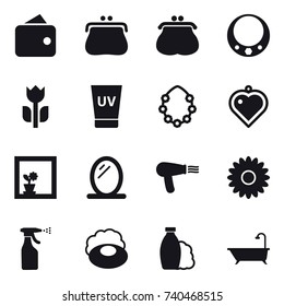 16 vector icon set : wallet, purse, necklace, uv cream, hawaiian wreath, heart pendant, flower in window, mirror, hair dryer, flower, sprayer, soap, shampoo, bath