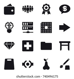 16 vector icon set : wallet, team, medal, money message, bulb brain, server, cpu, right arrow, diamond, stool, cutting board, pear, toilet brush