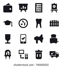 16 vector icon set : wallet, presentation, abacus, graduate hat, fence, mobile checking, loudspeaker, toaster, trash bin, home call cleaning