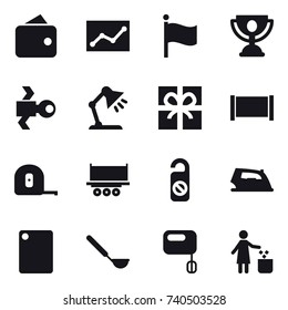 16 vector icon set : wallet, statistic, flag, trophy, satellite, table lamp, gift, fence, measuring tape, do not distrub, iron, cutting board, ladle, garbage bin