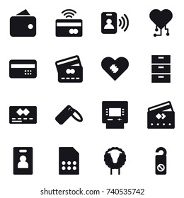16 vector icon set : wallet, tap to pay, pass card, cardio chip, credit card, atm, identity card, sheep, do not distrub