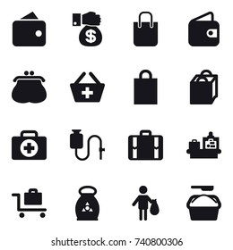 16 vector icon set : wallet, money gift, shopping bag, purse, add to basket, suitcase, baggage checking, baggage trolley, fertilizer, trash, washing powder
