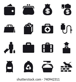 16 vector icon set : wallet, purse, money bag, money gift, shopping bag, passenger, suitcase iocn, suitcase, baggage, flour, garbage bag, washing powder, construct garbage