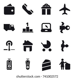16 vector icon set : wallet, phone, gift, plane, truck, pedestal, notebook, satellite, laser, home, baby stroller, remote control, garbage bin