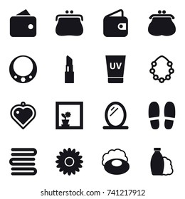 16 vector icon set : wallet, purse, necklace, lipstick, uv cream, hawaiian wreath, heart pendant, flower in window, mirror, slippers, towels, flower, soap, shampoo