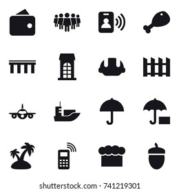 16 vector icon set : wallet, team, pass card, chicken leg, bridge, building, building helmet, fence, island, chef  hat, acorn
